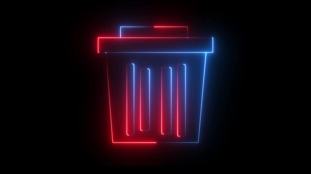 Neon  glowing blue and red  color delete animation icon trash rubbish remove animated on black background. 4k video.
