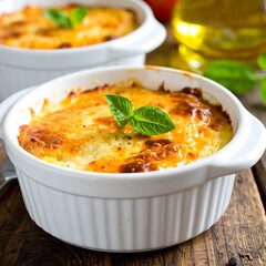 Two ramekins of cheesy baked food, garnished with basil, on a rustic wooden surface, with oil and tomato props