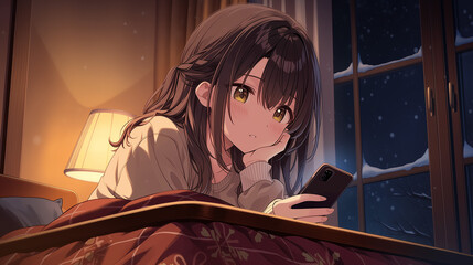 Blushing anime girl using smartphone on a winter night
