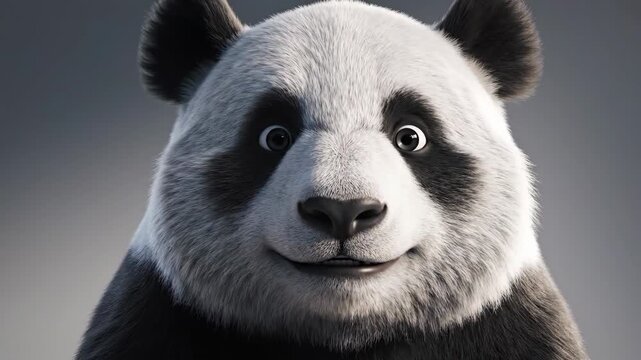 Furry smiling panda face with black ears black patches and white fur against a gradient gray background