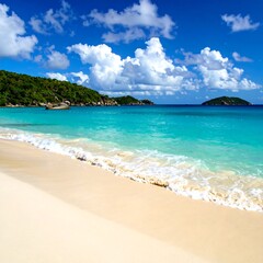 Obraz premium Tropical beach paradise with turquoise water, white sand, and lush green hills under a bright, cloudy blue sky