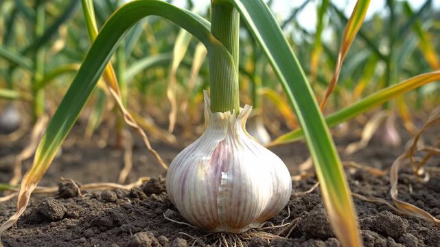 Garlic bulb in soil with green stalks growing amid a field of garlic