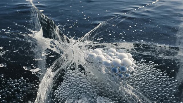 Methane Bubbles Frozen in Baikal Lake Ice Cracks Bursting Out