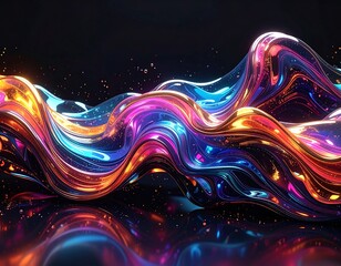 A vibrant, flowing abstract artwork with curved lines and a spectrum of colors, set against a dark background with reflections