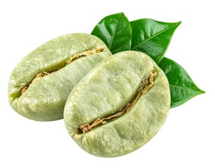 Two raw coffee beans sit beside bright green leaves, all isolated on a stark white background