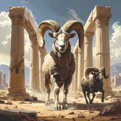 Two rams stand before ruins of stone columns in a desert landscape under a bright blue, partly cloudy sky