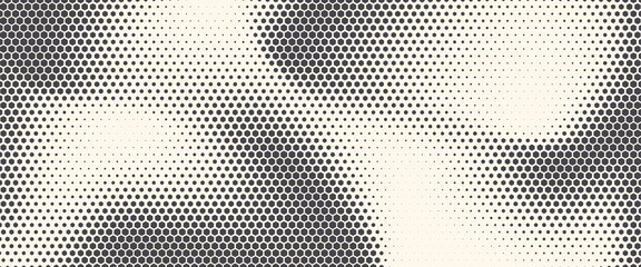 Hexagon halftone gradient texture. Abstract black grunge background. Geometric retro halftone tech overlay. Fading wavy hexagonal pattern backdrop. Vector wallpaper