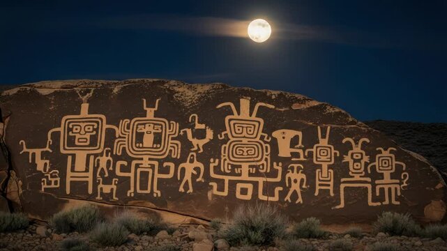Ancient Petroglyphs on Rock Under Full Moon and Starry Sky