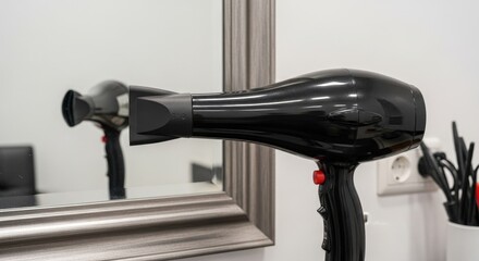 Black Hair Dryer Reflecting in Mirror.