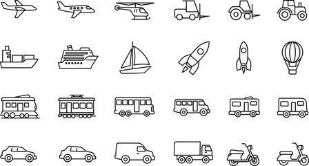 Black and White Transportation Icons Featuring Air, Sea, Land, and Space Vehicles for Travel, Delivery, and Public Transit © MdAhasan