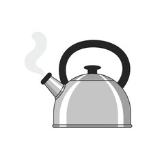 A sleek kettle on the stove releasing steam in a modern kitchen setting