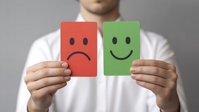 Person holding up two cards representing good and bad feedback, symbolizing choice and emotion