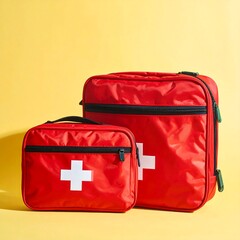 Two red bags with white plus signs, one larger, one smaller, against a yellow backdrop in a studio setting