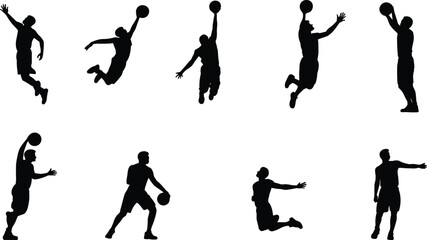 Dynamic silhouettes of basketball players in action poses, showcasing slam dunks, dribbling, shooting, and teamwork energy, perfect for sports design, athletic branding, and competitive inspiration. © MIJANUR