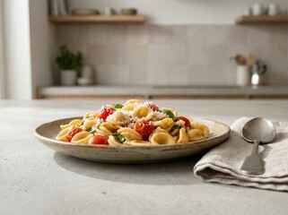 Italian Pasta Dish Served on Kitchen Counter in Bright Modern Interior