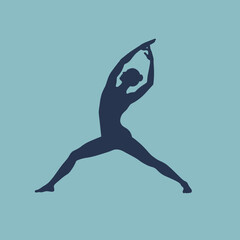 Obraz premium Silhouette of a graceful dancer performing a stretch against a serene blue background