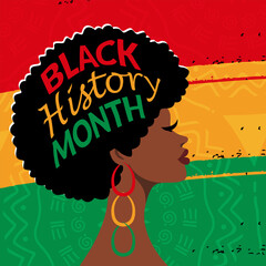 African-Americans black history month lettering with African people silhouette on colorful background. Vector illustration