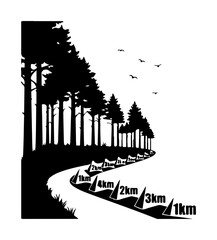 Obraz premium Winding Forest Pathway with Distance Markers Vector Illustration