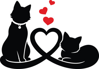 Cat Love Silhouette with Heart Shape Tail Valentine Illustration