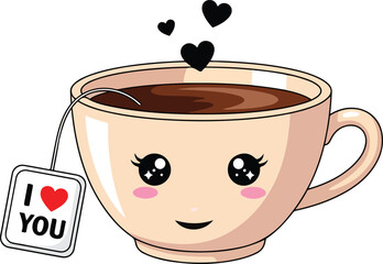 Cute Coffee Cup with Heart Tea Tag Cartoon Illustration