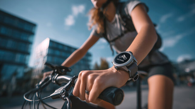 Focused female cyclist checking fitness tracker wrist watch riding bike in city street with determination healthy lifestyle training workout
