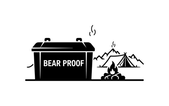 Bear Proof Storage Container with Camping Scene Vector Illustration