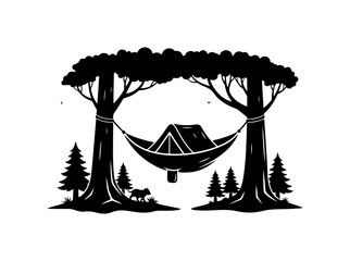 Black and White Vector Silhouette of Camping Hammock Under Trees