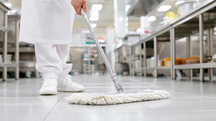 A dedicated cleaner in a crisp white uniform mops the kitchen floor with precision and care Generative AI