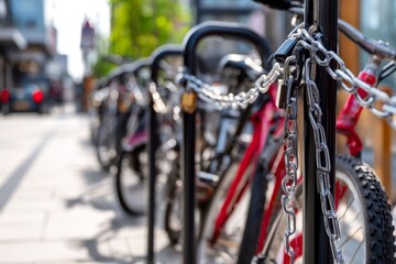 Fototapeta premium Bicycle Rack Occupied by Locked Chains on Urban Street During Daytime