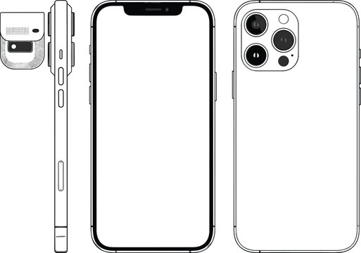 Smartphone technical blueprint with multi-angle views, triple camera layout, sensor details, screen notch, and button placement for engineering design