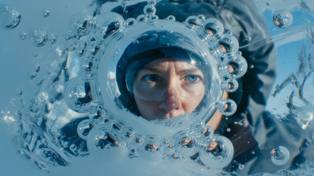 Female Swimmer Breathing Through Ice Hole in Extreme Cold Weather