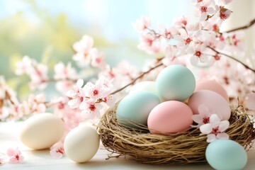 Easter Scene with Blooming Cherry Blossoms and Colorful Eggs in Nest