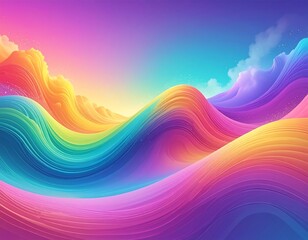 A vibrant, flowing landscape with rainbow-colored, wave-like forms under a partly cloudy, gradient sky. The abstract design evokes movement