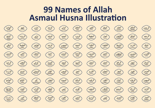 Illustration of the 99 Names of Allah, also known as Asmaul Husna, arranged in rows on a light background. Perfect for educational materials, Islamic studies, and religious publications.