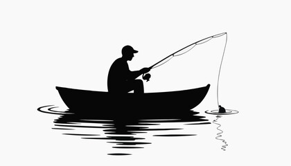 silhouette of a fisherman Man Fishing from Boat with Rod on Water Vector Illustration