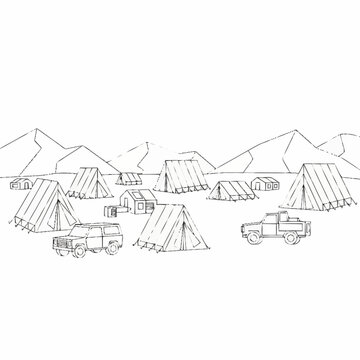 Camping Tents and Vehicles in an Outdoor Setting.