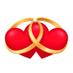 Two red hearts entwined with golden rings on a white background