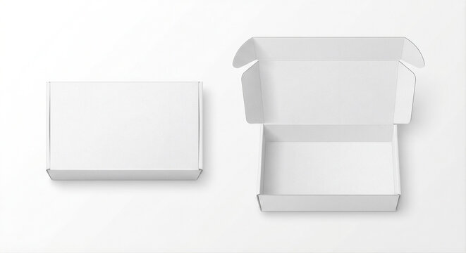 White cardboard shipping box mockup. Top view of open and closed empty boxes. Isolated on a white background, ideal for branding product packaging or e-commerce.