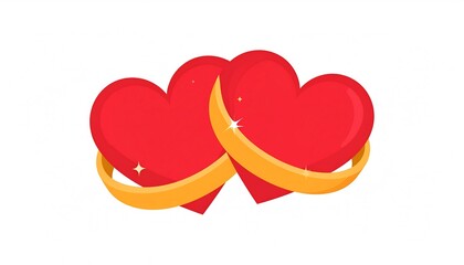 Two red hearts linked by a gold ring, symbolic of love and commitment, on a bright white background