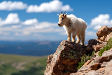 Obraz premium Young Goat Balancing on Rocky Cliff Edge During Scenic Mountain View