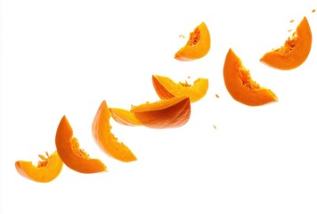 Fototapeta premium Bright Orange Pumpkin Slices Descending Against a Clean White Background