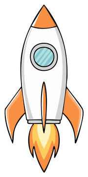 Cartoon rocket launching with fiery exhaust and a porthole window ready for space travel