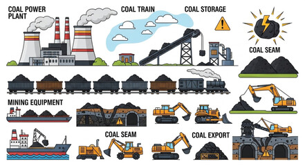 Obraz premium Coal mining and power generation industry illustration.