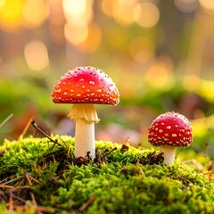 Two red mushrooms with white spots stand on a bed of moss against a blurry forest background