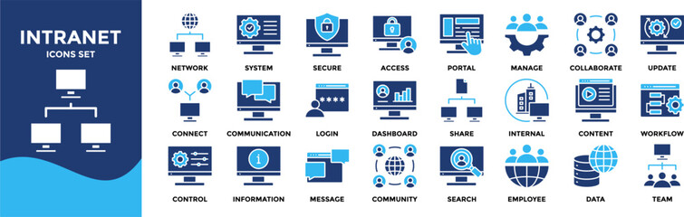Intranet icon set collection. pack contain network, portal, access, internal, community, connect, collaborate, communication, team, information
