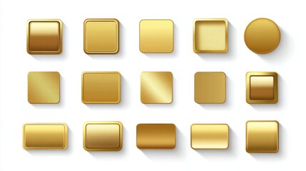 Collection Of Golden Metallic Buttons And Icons With Glitter Texture Isolated On White Background