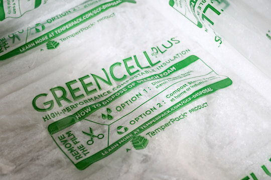 SEATTLE, USA - March 3, 2026: Green Cell Compostable Shipping Insulation Foam. Sustainable Packaging Solution for Food Shipments