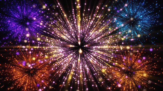 Colorful Radiant Particle Explosion Background　黒背景に鮮やかな光の粒子が放散する背景素材　シームレスループ動画