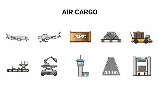 A collection of ten flatstyle icons related to air cargo operations on a white background