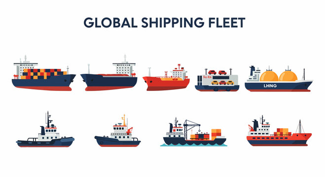 Eight types of maritime transport vessels illustrating a global shipping fleet